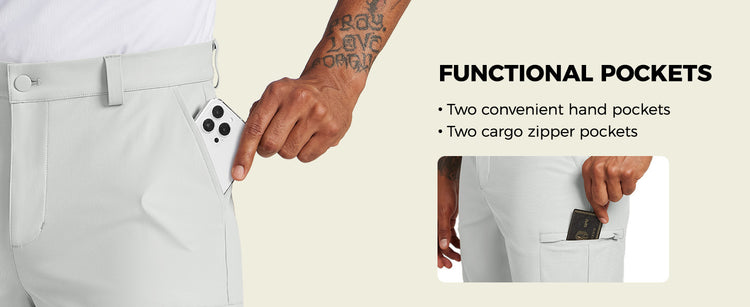 Light gray pants with functional pockets and a phone in a pocket, with text highlighting features.