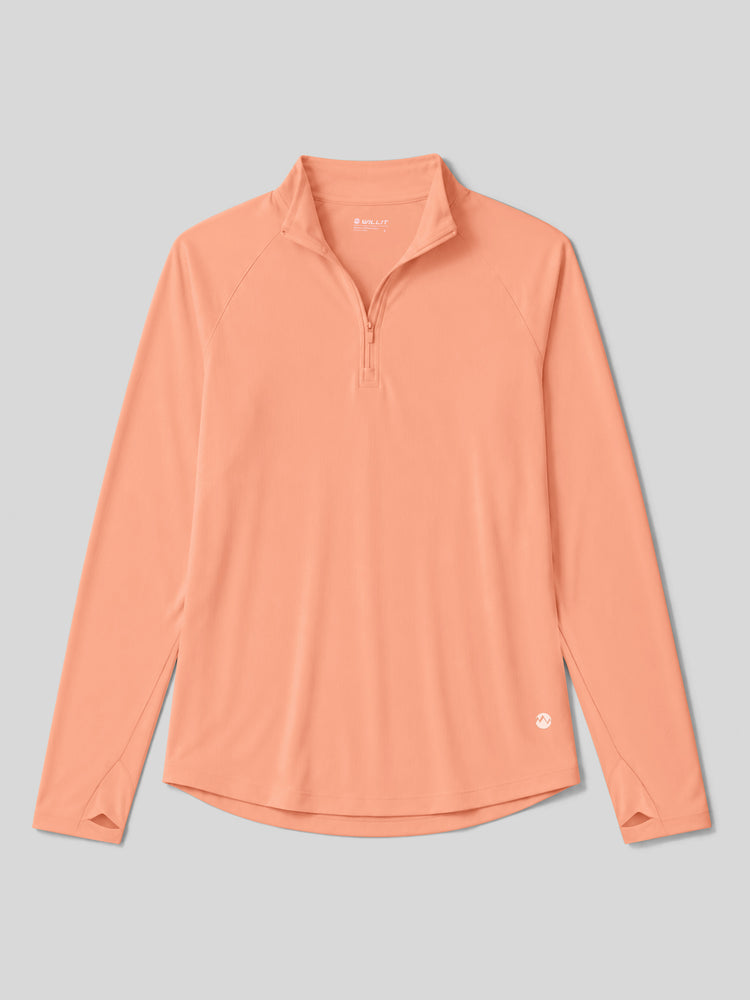 A peach-colored long-sleeve athletic quarter-zip pullover with a stand collar, shown flat 