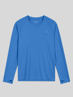 A men's blue long-sleeve athletic shirt with raglan sleeves, thumbholes and a WILLIT brand logo on the left chest UPF50+ 