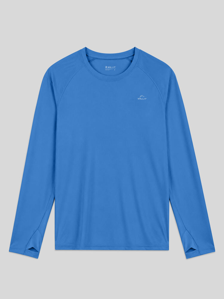 A men's blue long-sleeve athletic shirt with raglan sleeves, thumbholes and a WILLIT brand logo on the left chest UPF50+ 