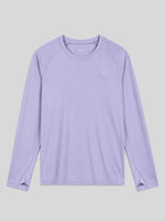 A light purple long-sleeve athletic shirt with a crew neck and raglan sleeves, laid flat 