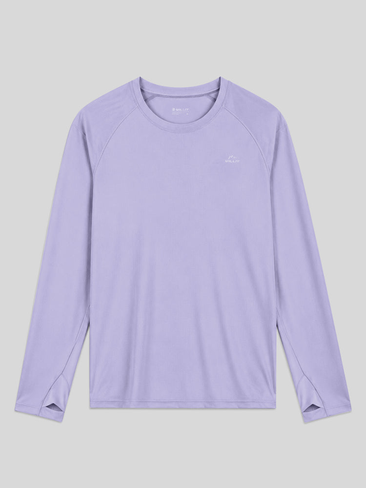 A light purple long-sleeve athletic shirt with a crew neck and raglan sleeves, laid flat 