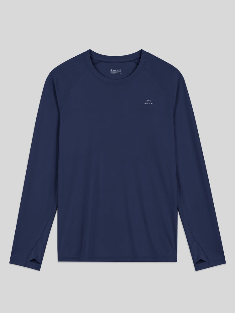 A men's navy long-sleeve athletic shirt with raglan sleeves and WILLIT logo on the left chest UPF50+ 