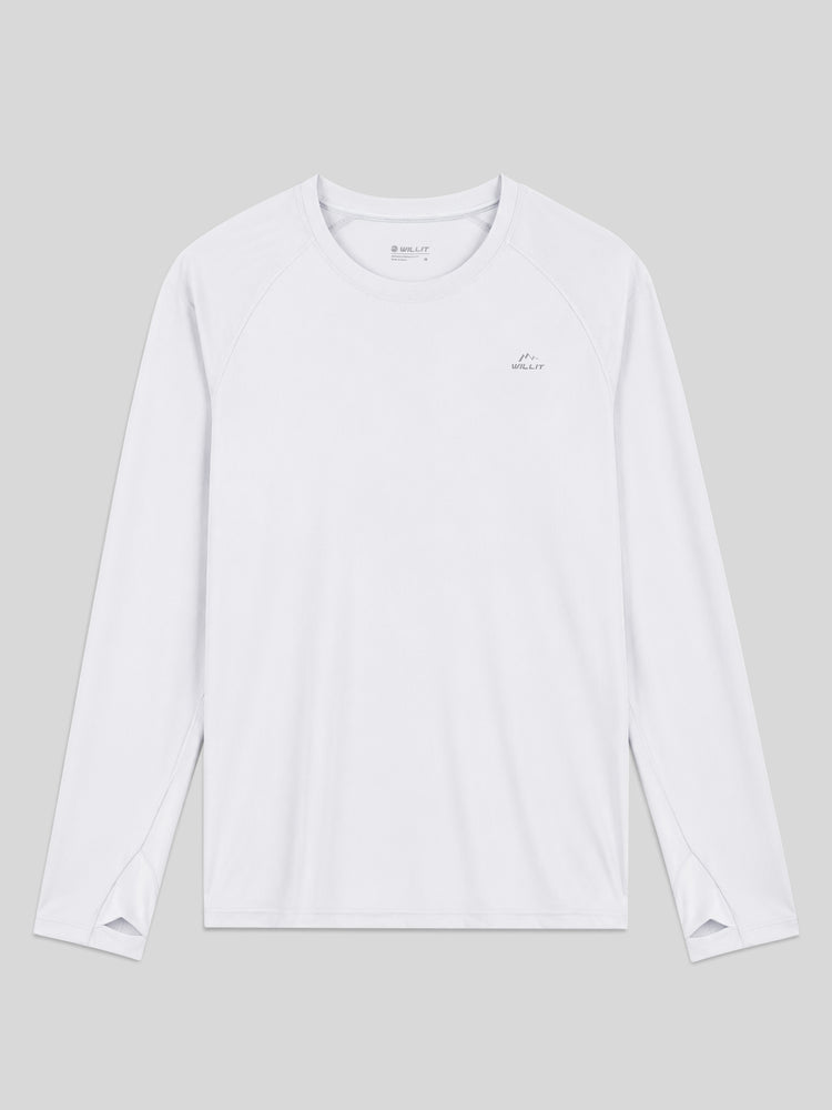 A white long-sleeve athletic shirt with raglan sleeves and WILLIT logo on the left chest flat vieiw 