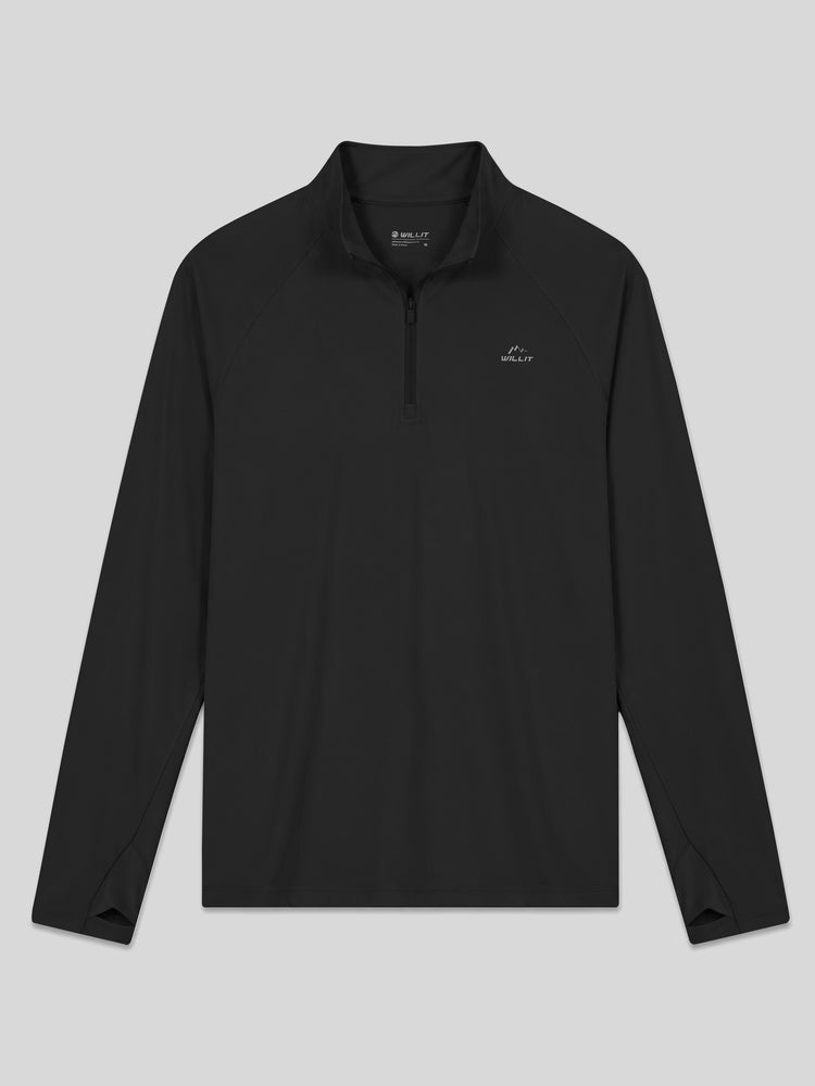 A men's light blue long-sleeve quarter-zip pullover sun shirt with a stand collar, shown flat 