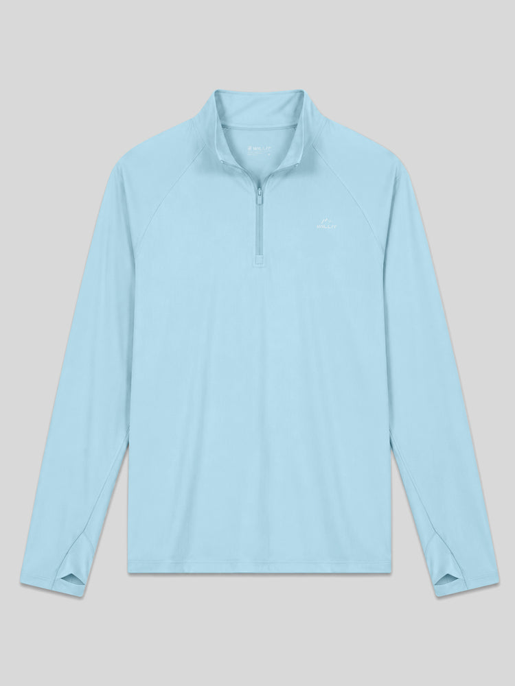 A light blue long-sleeve quarter-zip pullover shirt with a stand collar, shown flat 