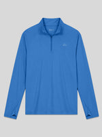 A men's bright blue long-sleeve quarter-zip pullover sun shirt with a stand collar 