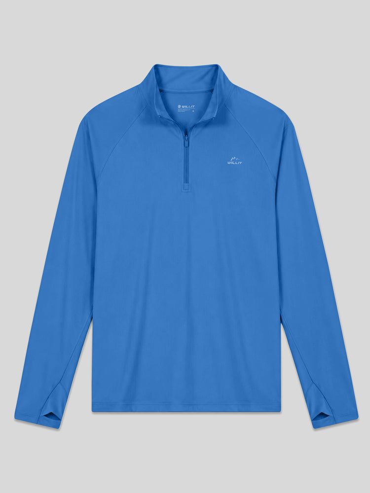 A men's bright blue long-sleeve quarter-zip pullover sun shirt with a stand collar 