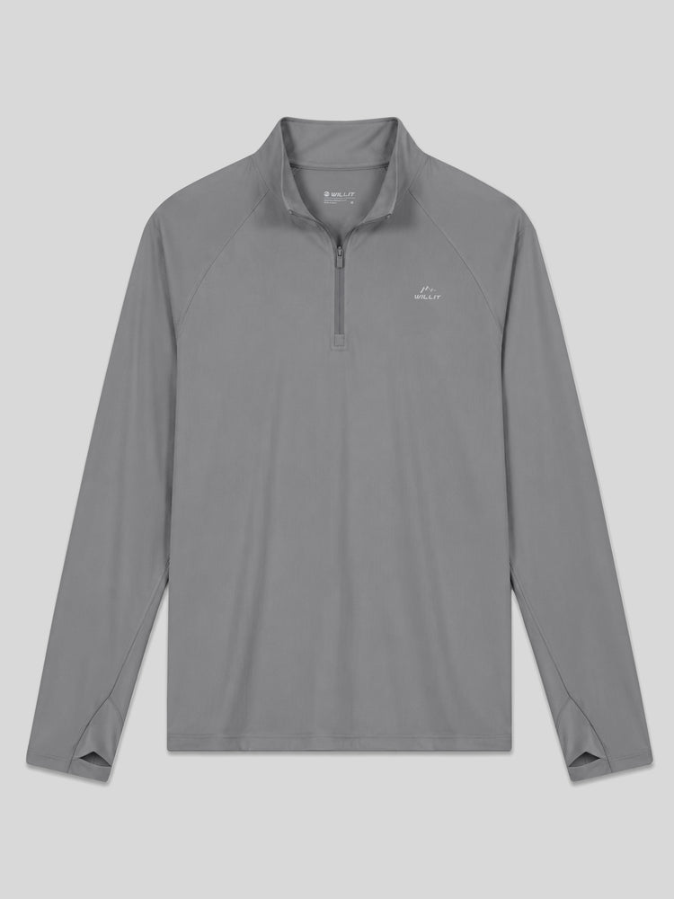A men's gray long-sleeve quarter-zip sun shirt top with WILLIT logo on the left chest, 