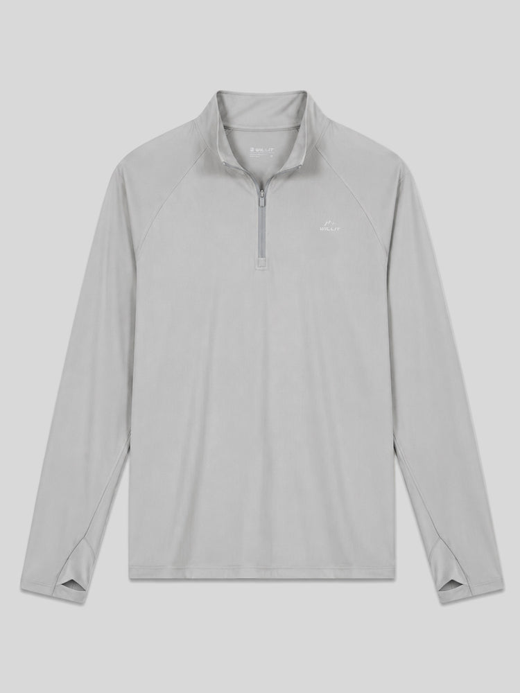 A men's light blue long-sleeve quarter-zip pullover sun shirt with a stand collar, shown flat 