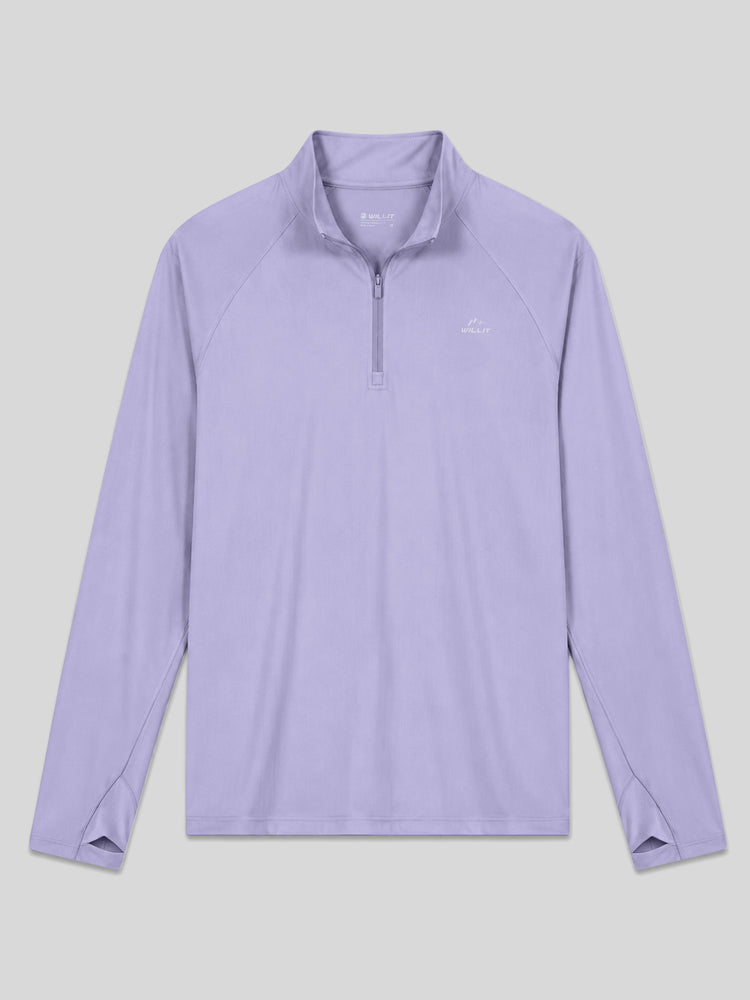 A light blue long-sleeve quarter-zip pullover shirt with a stand collar, shown flat 