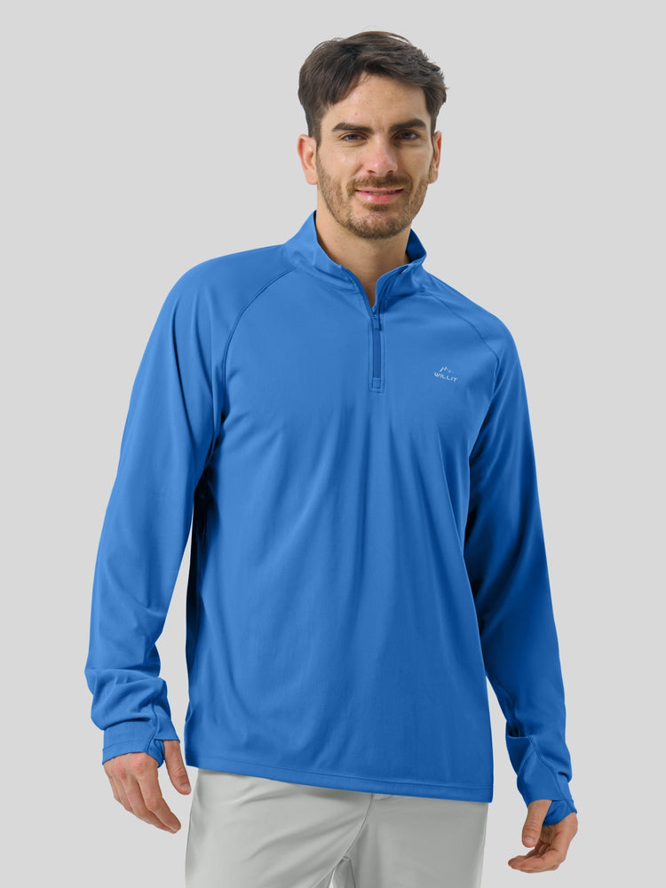 Man wearing a blue long-sleeve sun shirt quarter-zip 