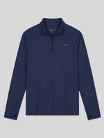 A men's light blue long-sleeve quarter-zip pullover sun shirt with a stand collar, shown flat 