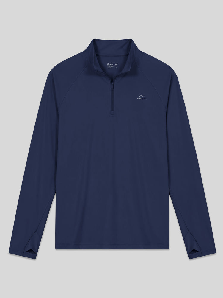 A men's light blue long-sleeve quarter-zip pullover sun shirt with a stand collar, shown flat 