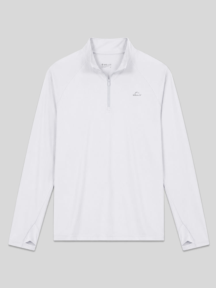 A men's light blue long-sleeve quarter-zip pullover sun shirt with a stand collar, shown flat 
