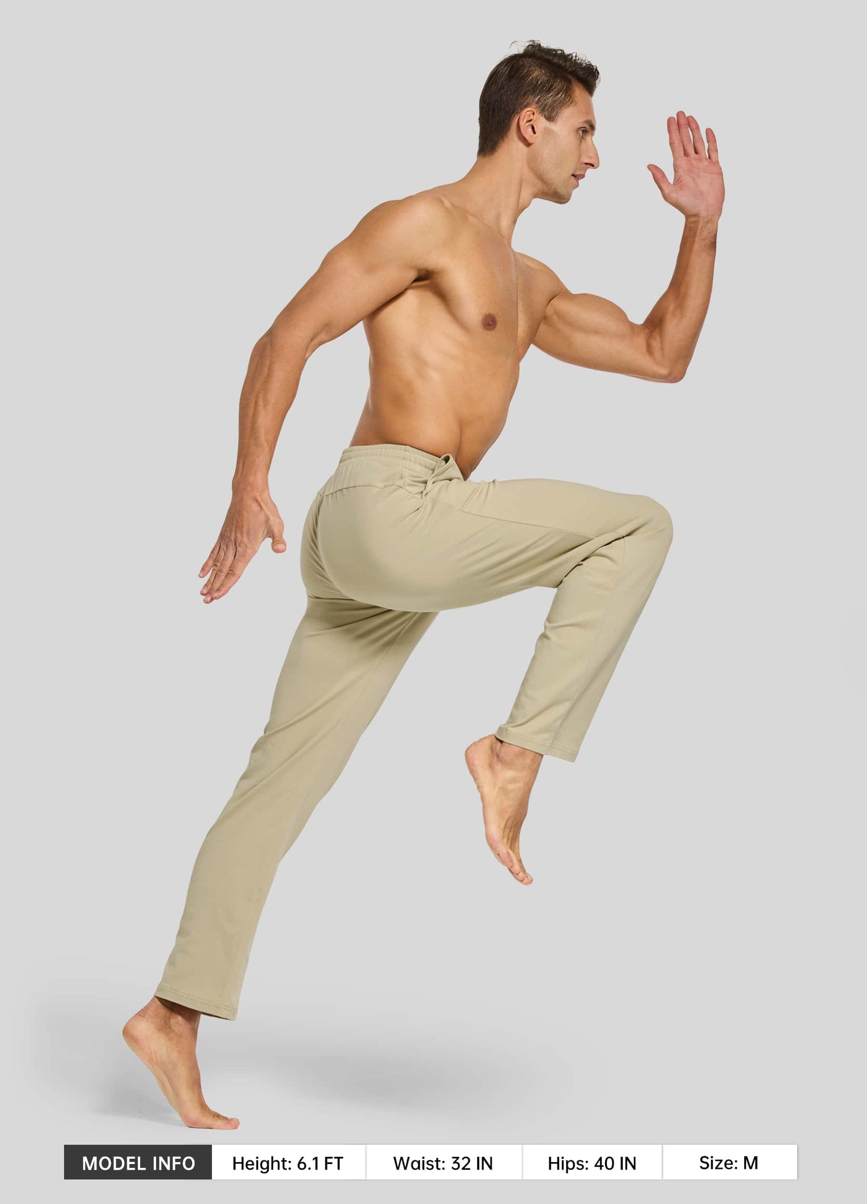Man in casual cotton pants performing a running pose 