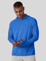 A man wearing a bright blue long-sleeve athletic hoodie 