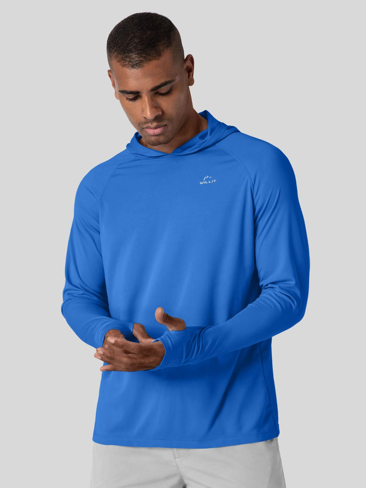 A man wearing a bright blue long-sleeve athletic hoodie 
