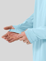 A men wearing a light blue long-sleeve sun shirt UPF50+ 