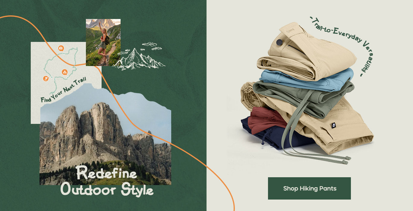 A promotional graphic for hiking pants featuring a stack of folded pants in beige, blue, burgundy, and navy -Shop Hiking Pants'