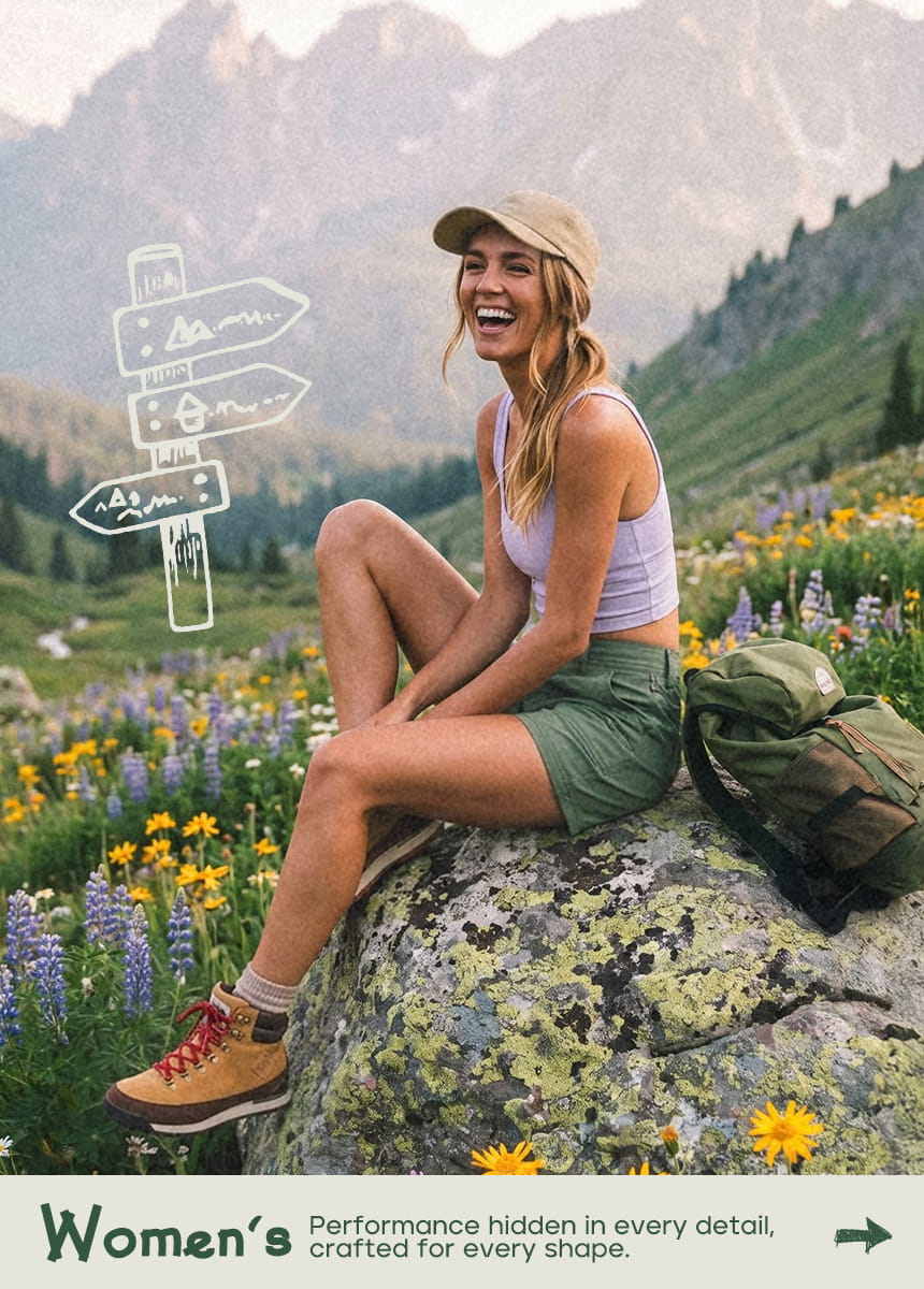 A woman sits on a large rock in a mountain meadow with wildflowers, wearing WILLIT activewear