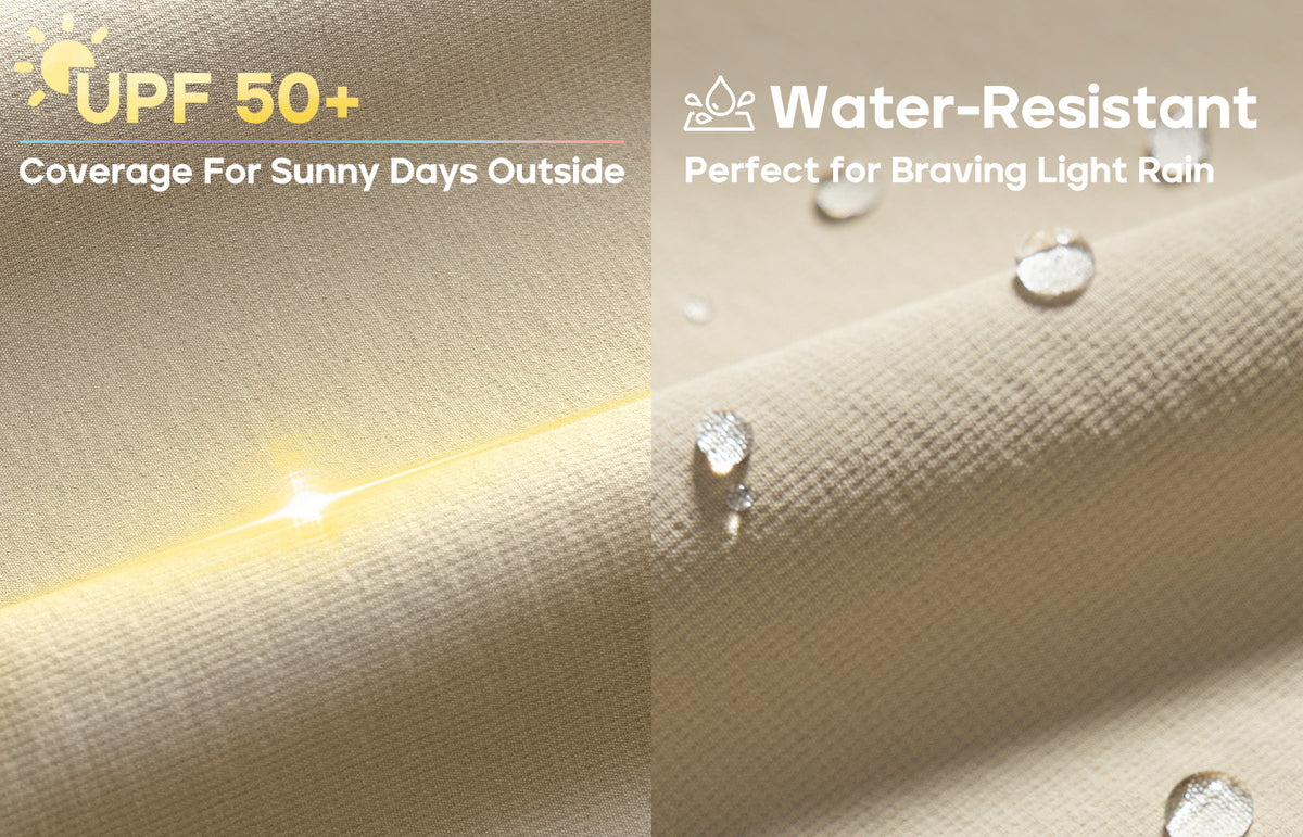 Water-resistant fabric with UPF 50+ text and water droplets on a beige background