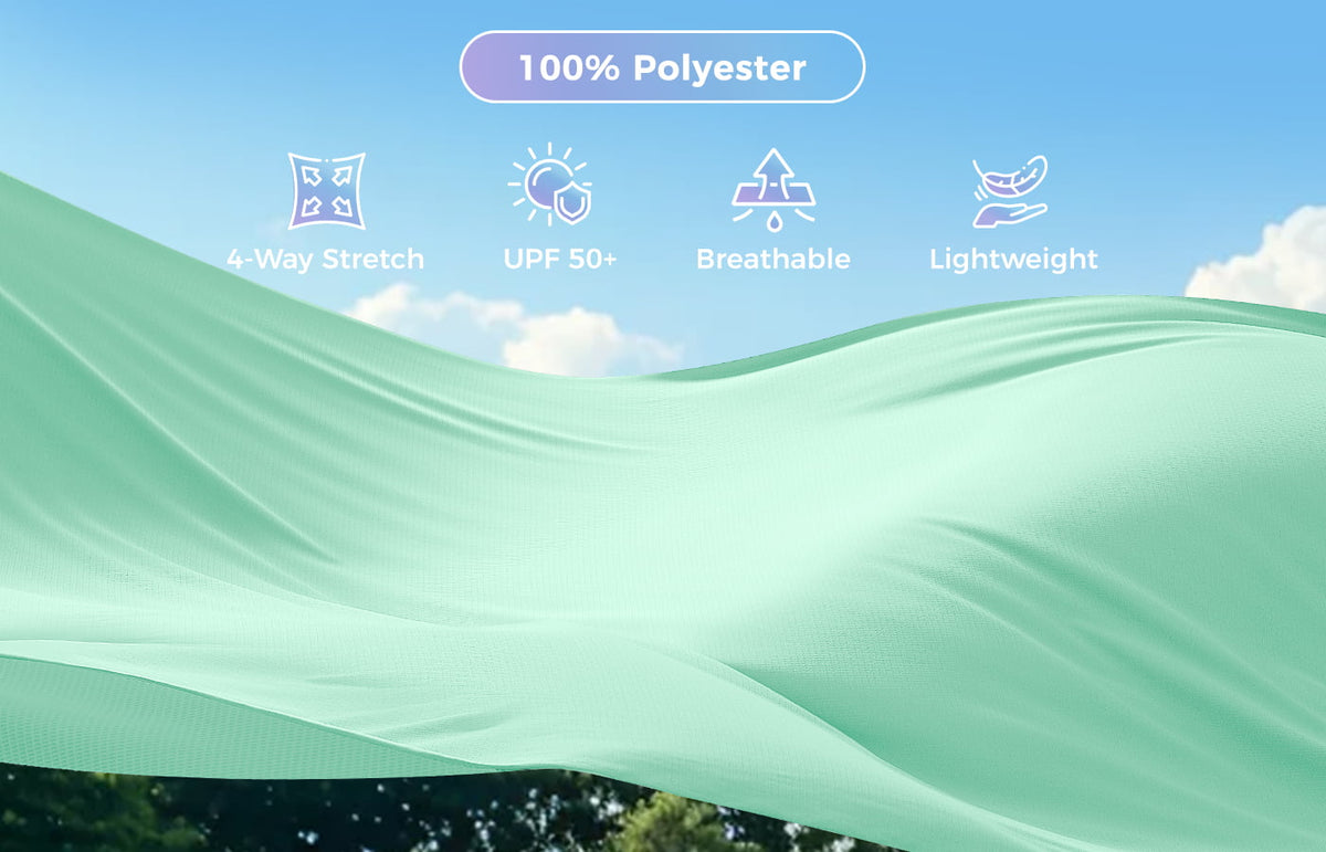 Green fabric with text indicating 100% polyester, 4-way stretch, UPF 50+, breathable, and lightweight properties against a blue sky.