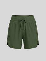 Women's olive green athletic shorts with a drawstring waistband, 