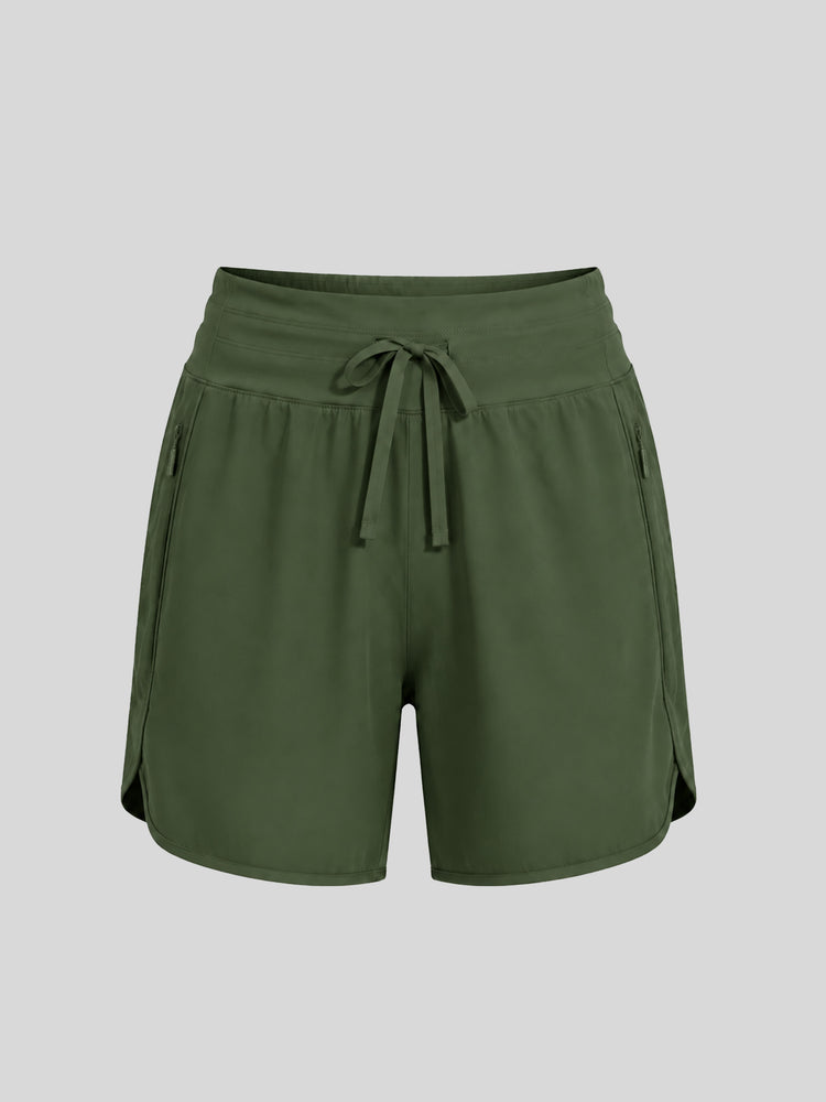 Women's olive green athletic shorts with a drawstring waistband, 