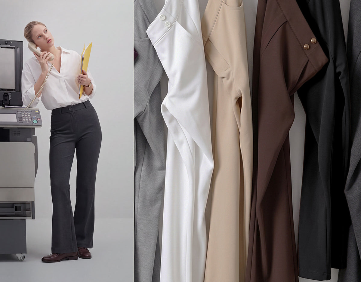 WILLIT Dress Pants Collection with multiple neutral colorways—white, khaki, brown, and charcoal—showcasing versatile style, comfort, and a polished fit.