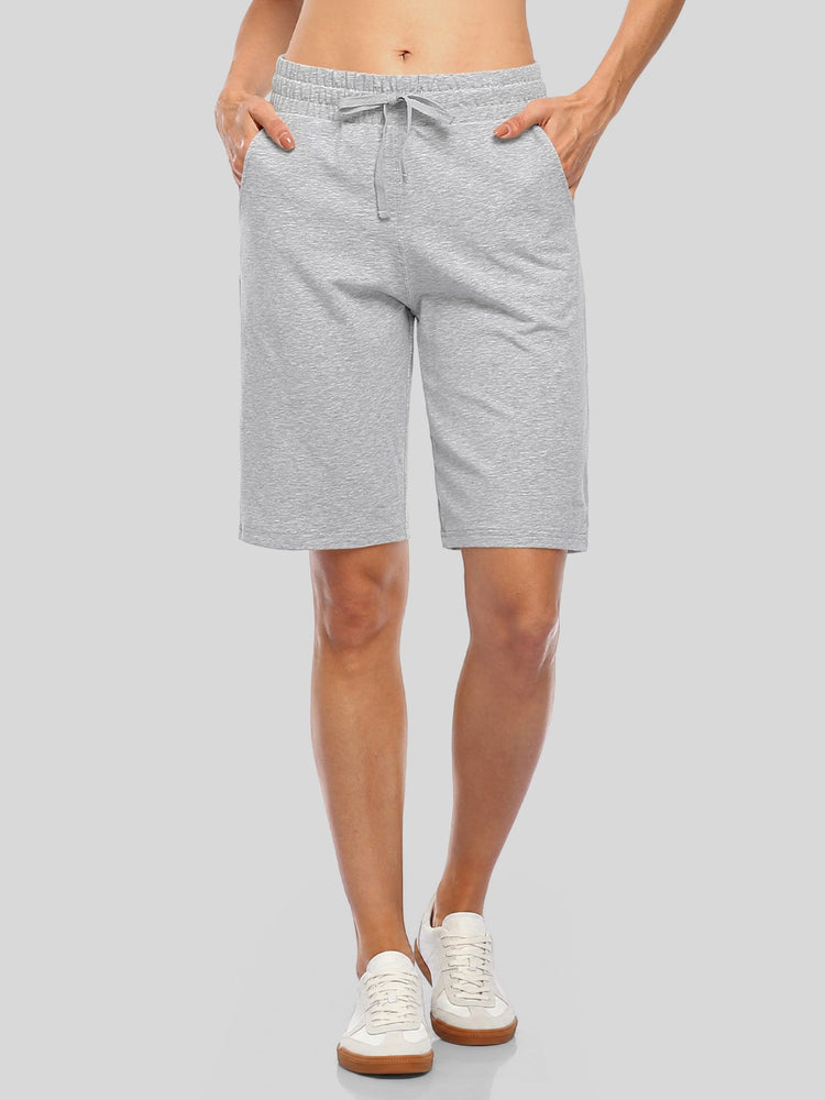 Women's light gray heathered cotton shorts with an elastic waistband and drawstring 