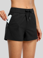 2.5 Inch women's athletic shorts with an elastic drawstring waistband and side pockets  