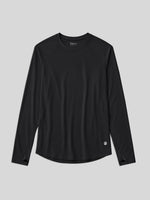 A black long-sleeve athletic top with raglan sleeves and a curved hem, shown flat 