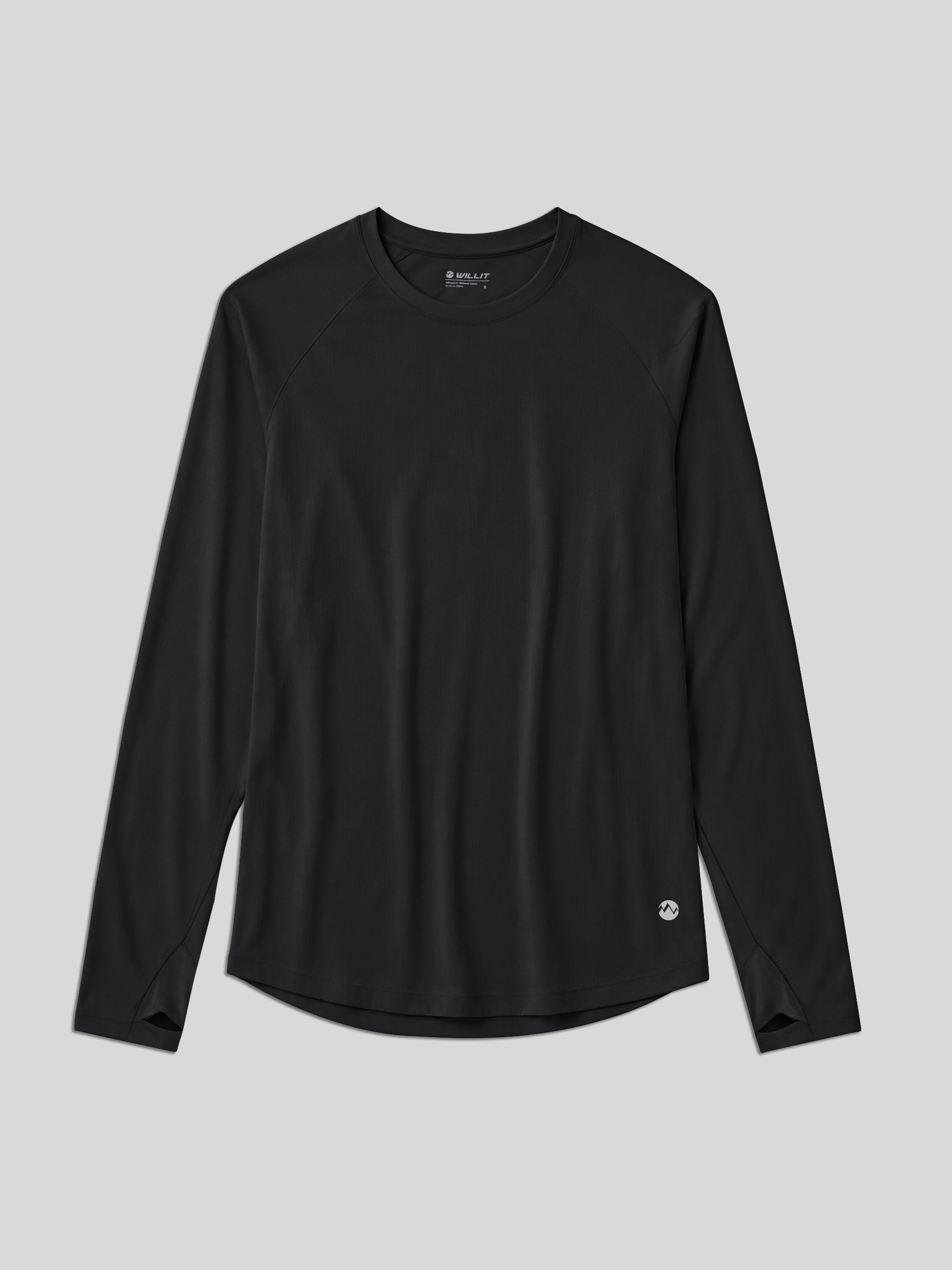 A black long-sleeve athletic top with raglan sleeves and a curved hem, shown flat 