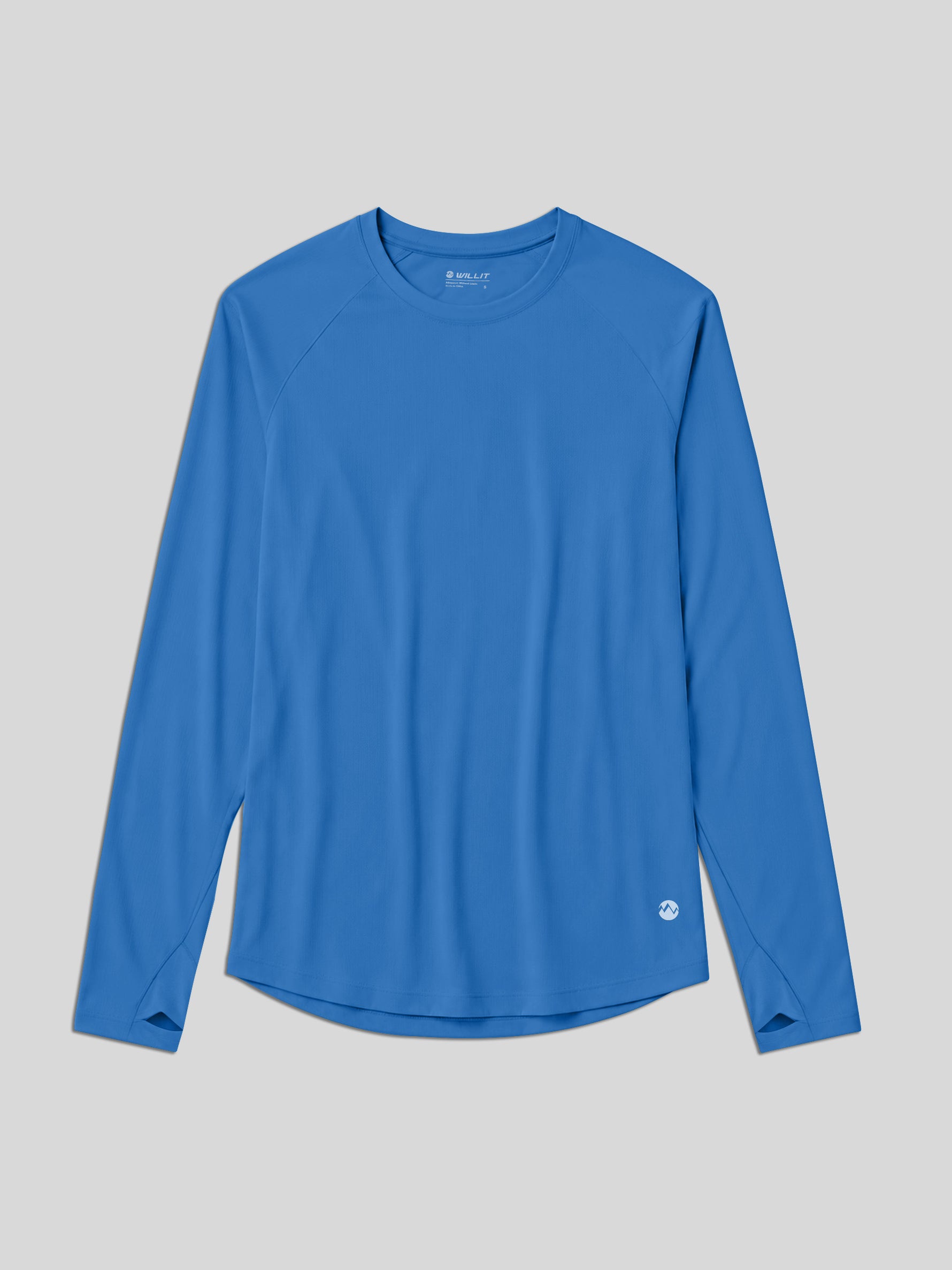 A blue long-sleeve athletic top with a crew neck, laid flat 