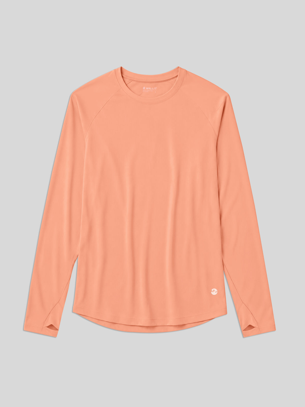 A peach-colored long-sleeve athletic top with a crew neck, laid flat 