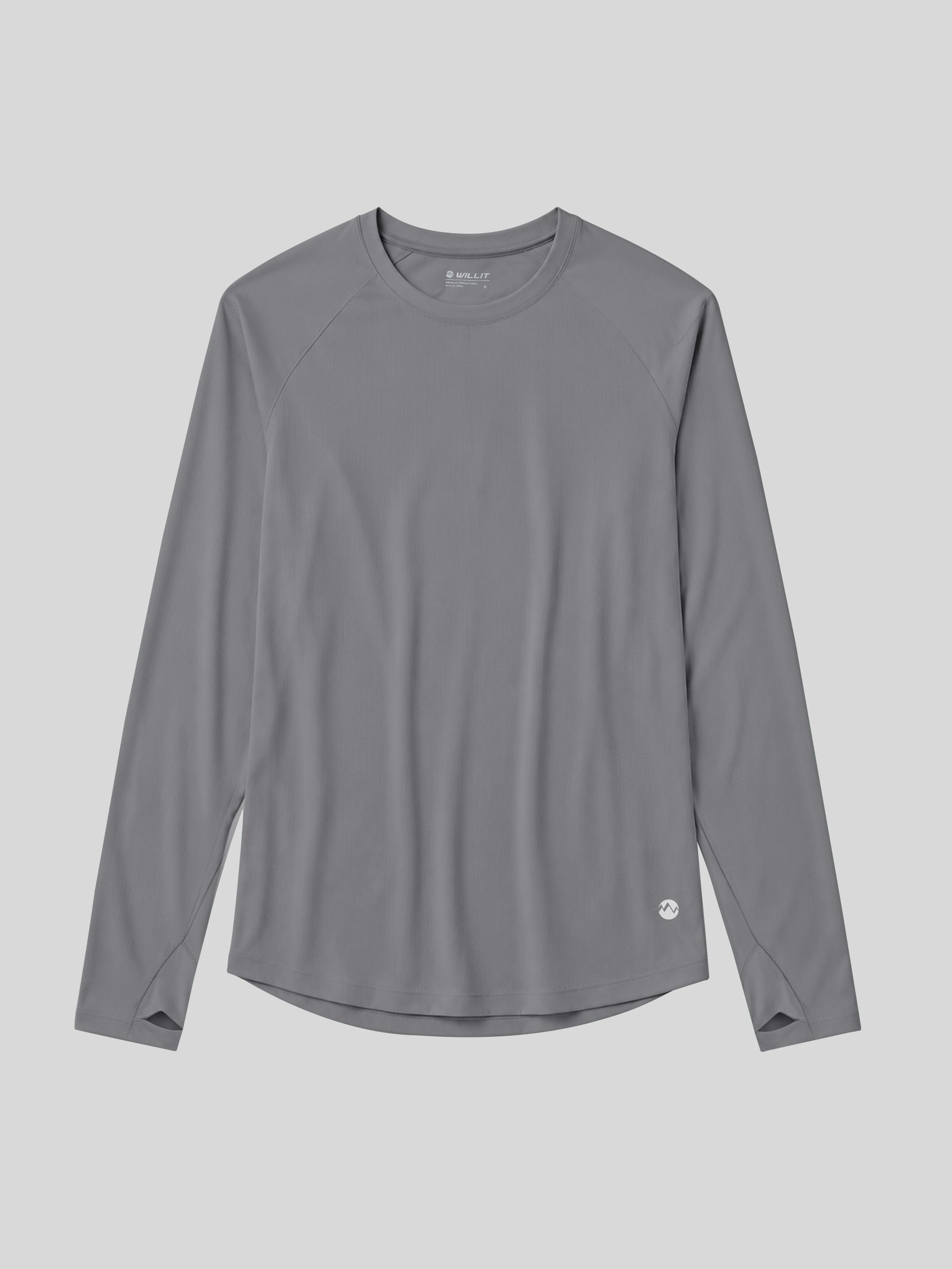 A gray long-sleeve athletic shirt with raglan sleeves and WILLIT logo near the lower hem 