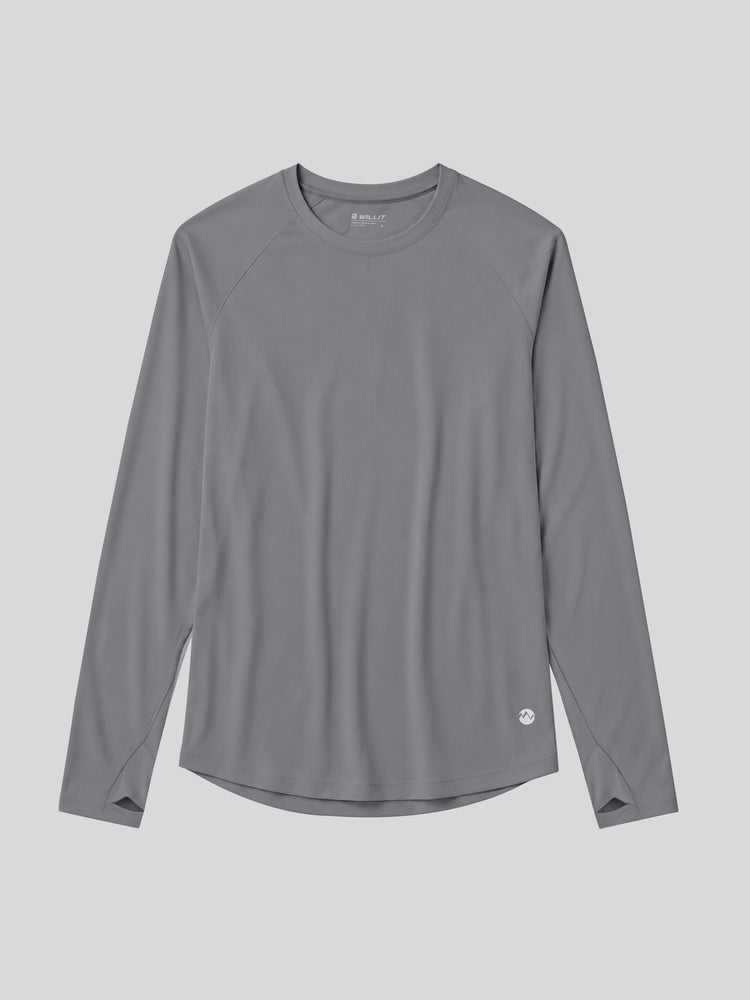 A gray long-sleeve athletic shirt with raglan sleeves and WILLIT logo near the lower hem 