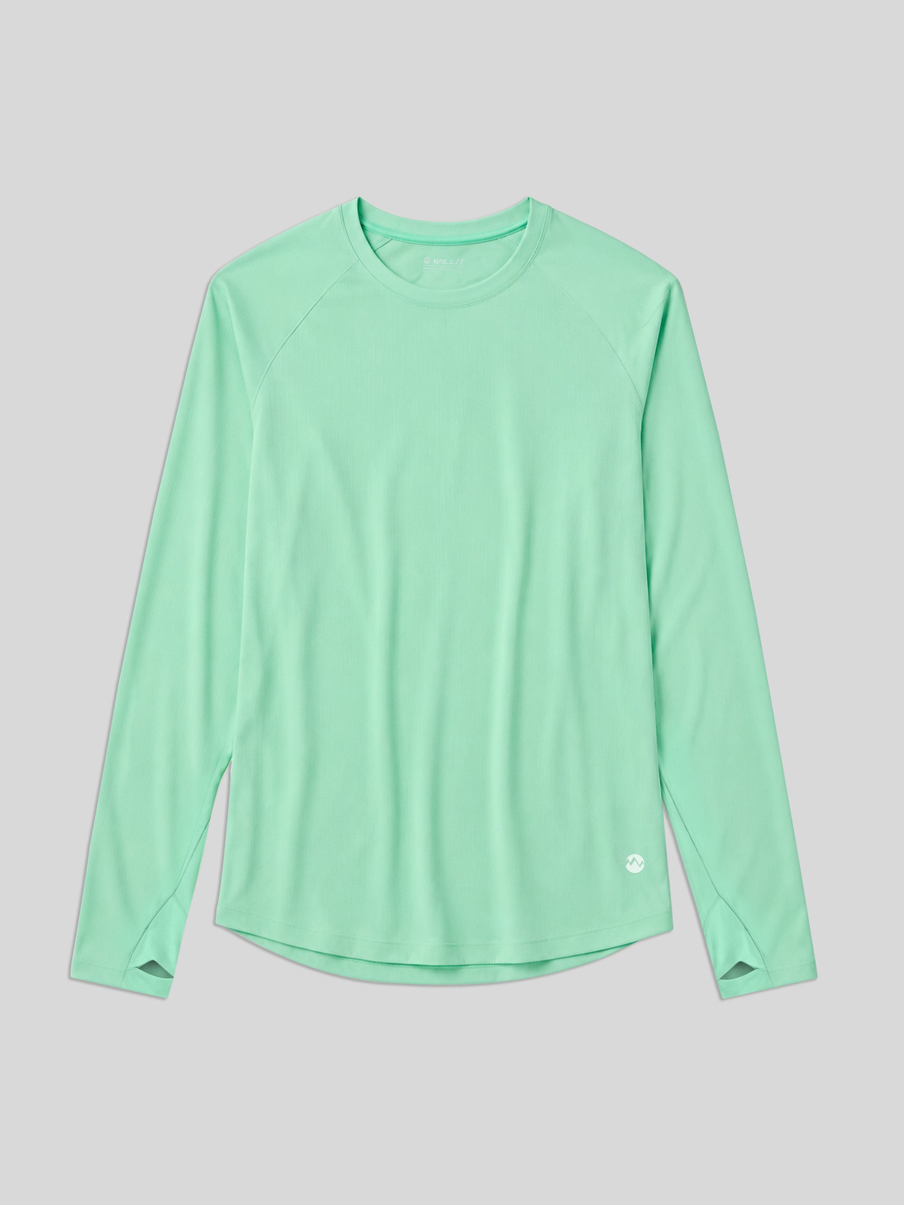 A mint green long-sleeve athletic top with raglan sleeves and a curved hem, displayed flat 