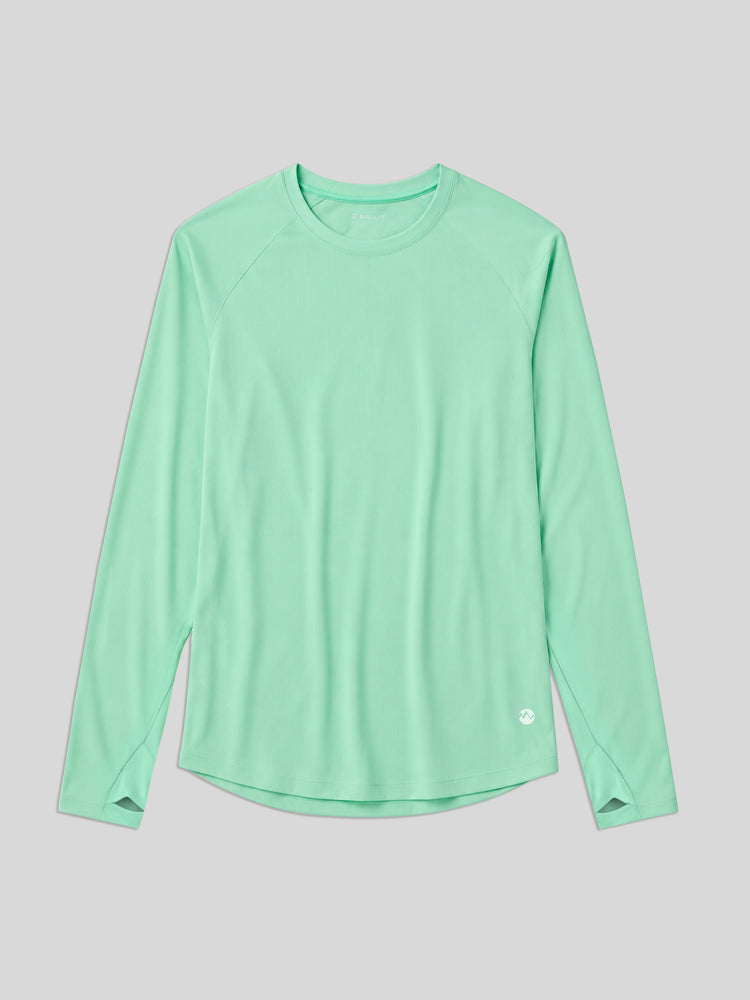 A mint green long-sleeve athletic top with raglan sleeves and a curved hem, displayed flat 