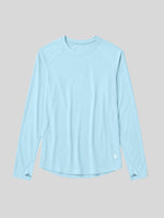A light blue long-sleeve athletic top with a crew neck, laid flat 