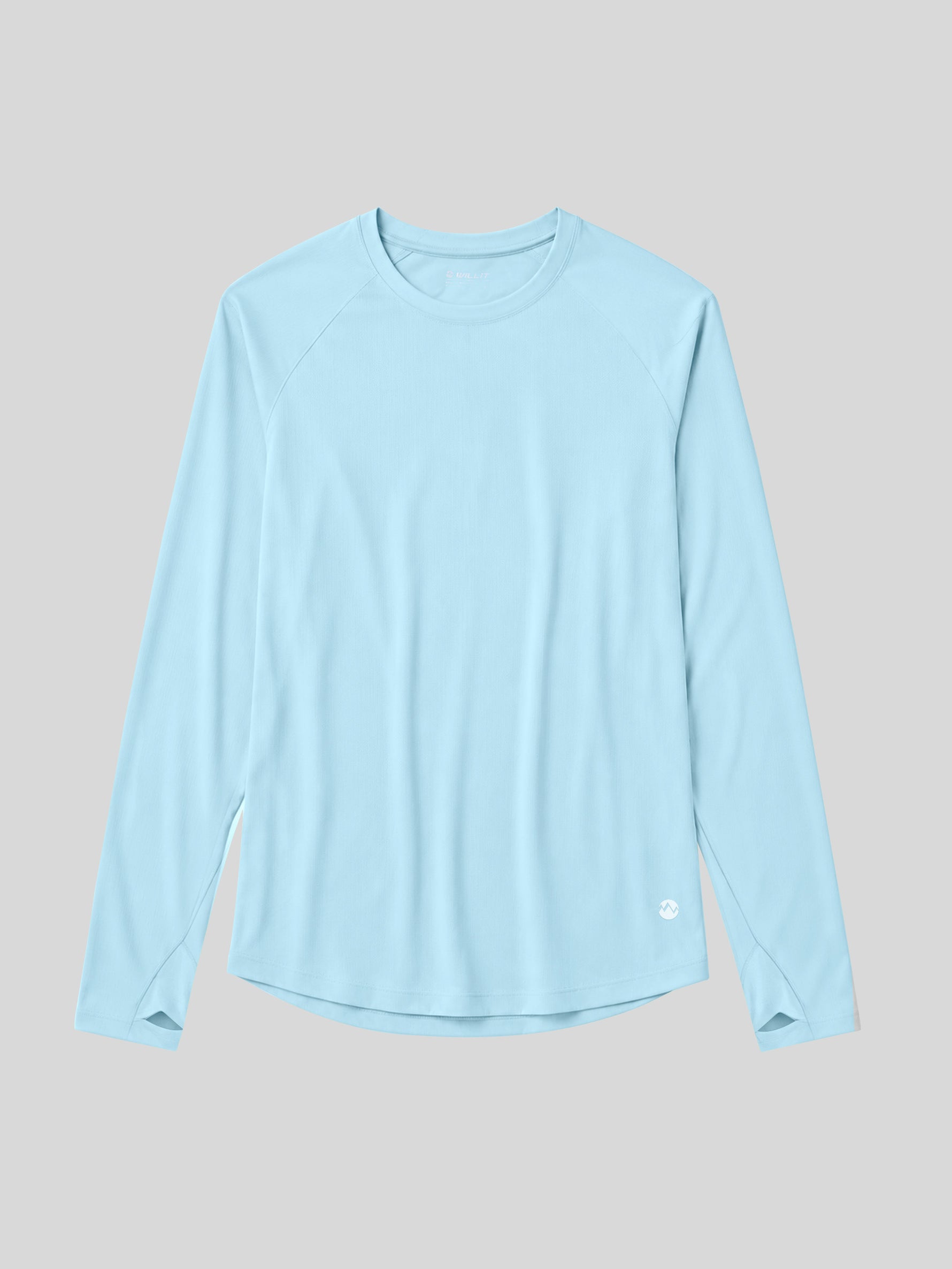 A light blue long-sleeve athletic top with a crew neck, laid flat 