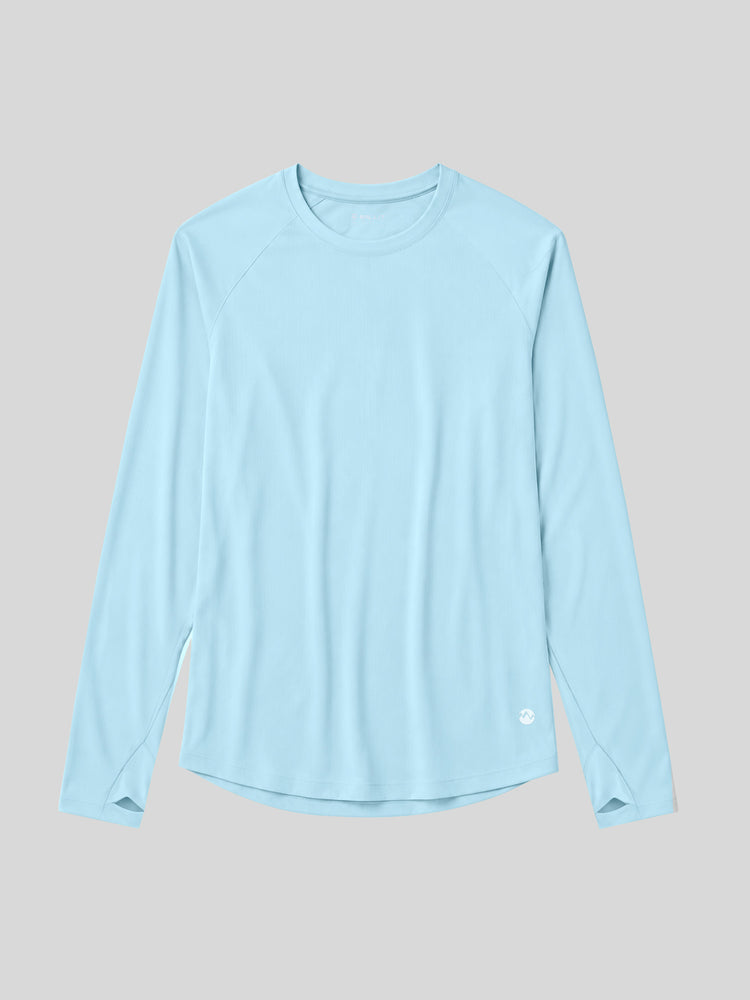 A light blue long-sleeve athletic top with a crew neck, laid flat 