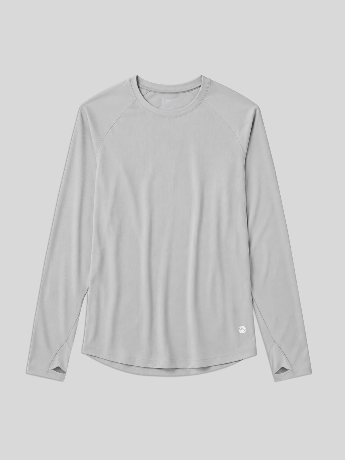 A light gray long-sleeve athletic shirt with a crew neck, shown flat 