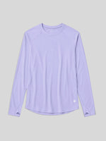 A light purple long-sleeve athletic top with a crew neck, laid flat 
