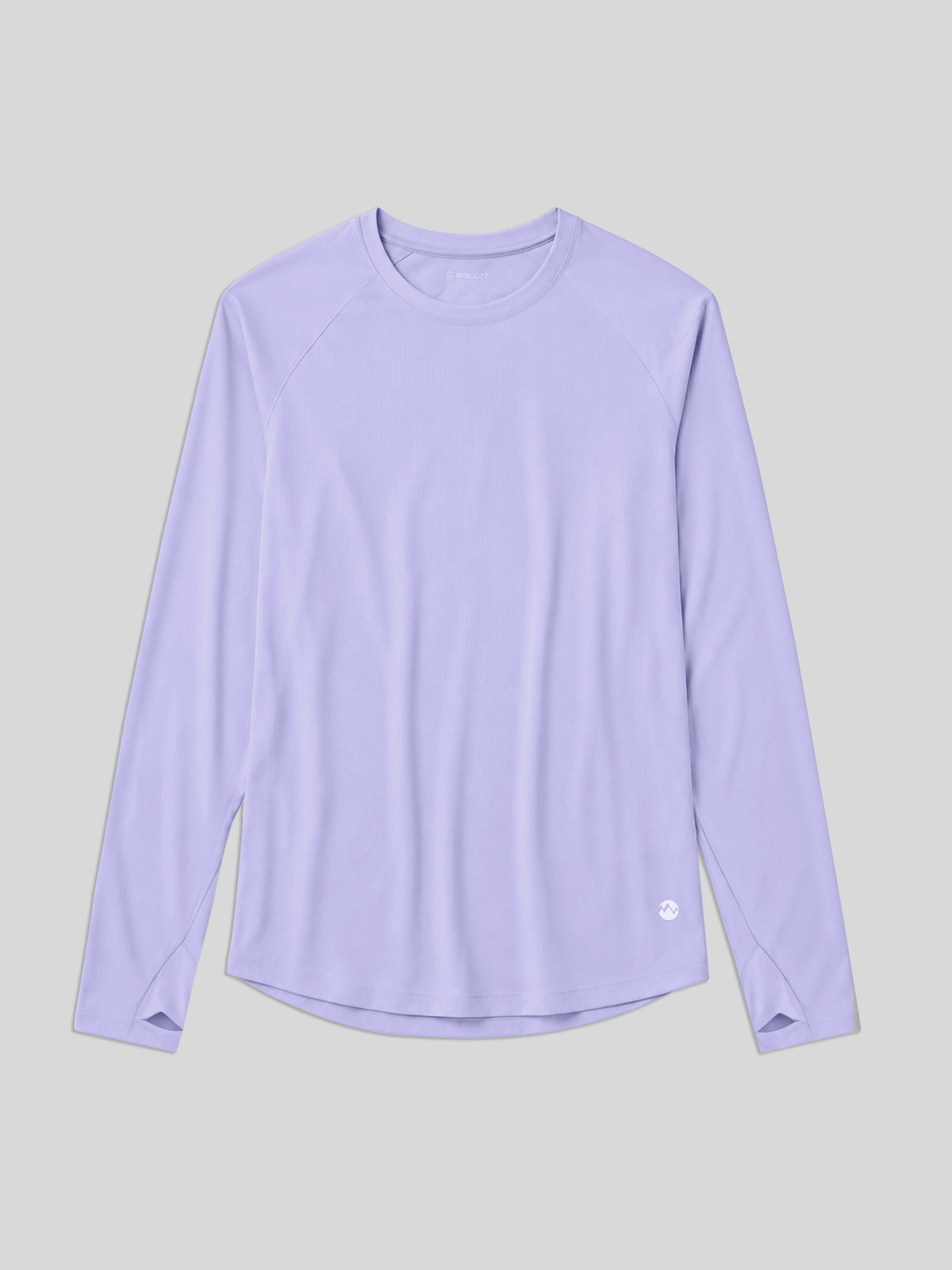 A light purple long-sleeve athletic top with a crew neck, laid flat 