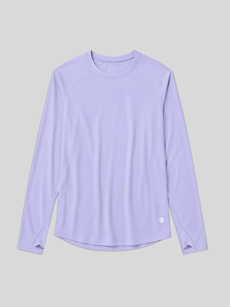 A light purple long-sleeve athletic top with a crew neck, laid flat 