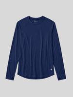 A navy blue long-sleeve athletic top with a crew neck, laid flat 