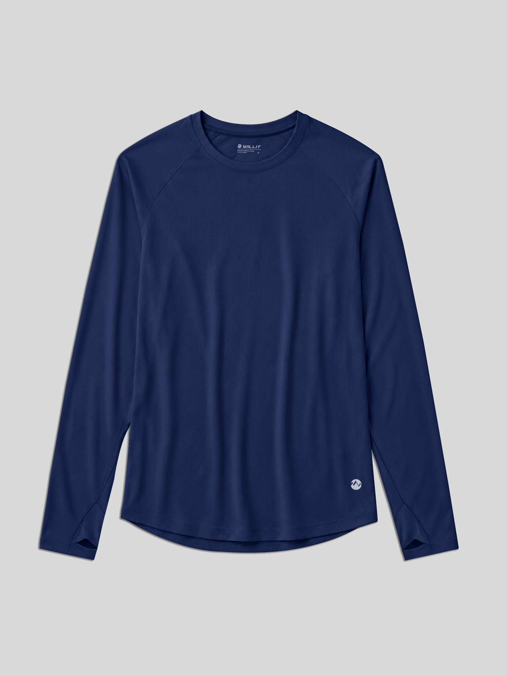 A navy blue long-sleeve athletic top with a crew neck, laid flat 