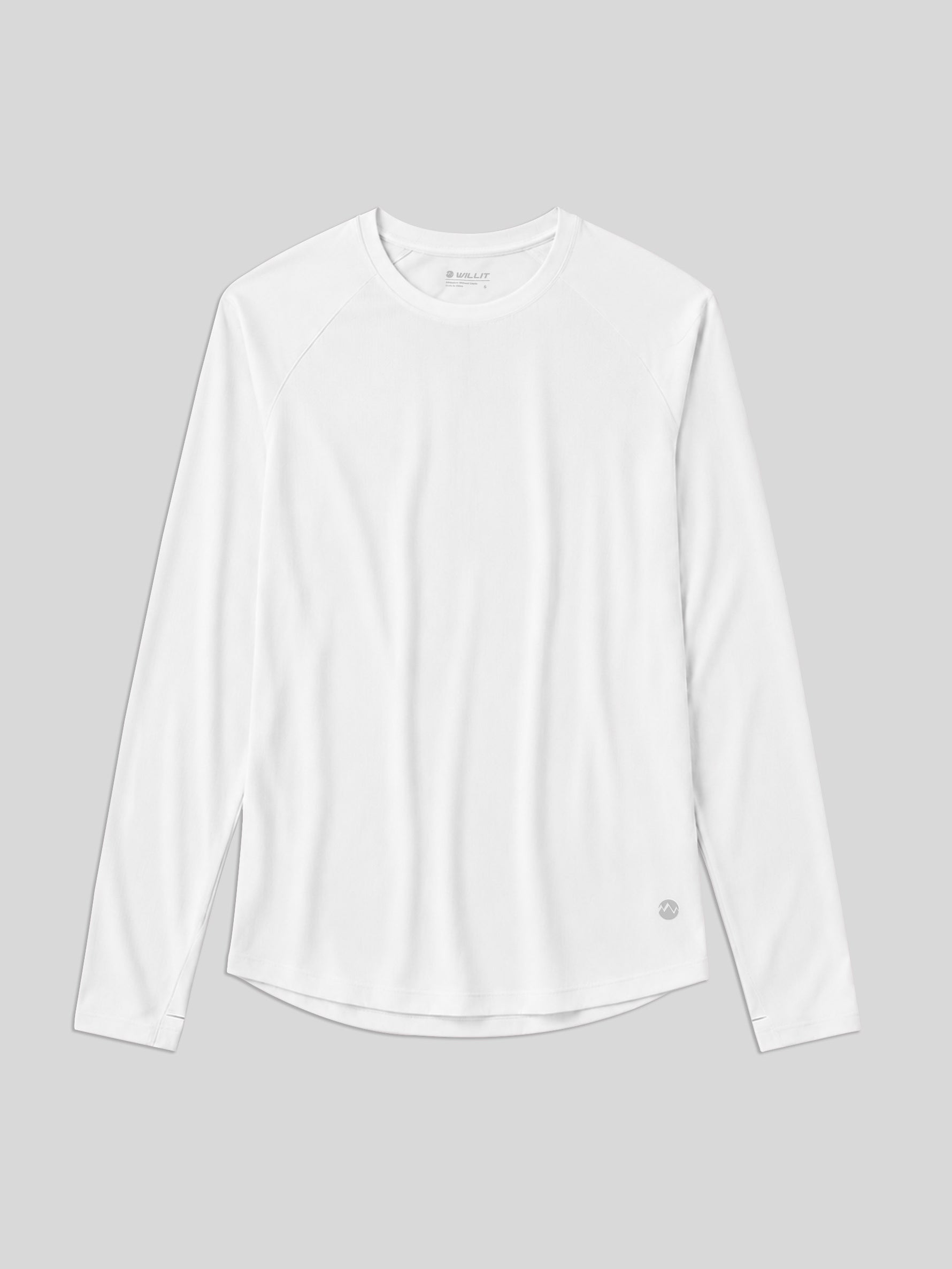 A white long-sleeve athletic top with raglan sleeves and a WILLIY logo near the lower hem 